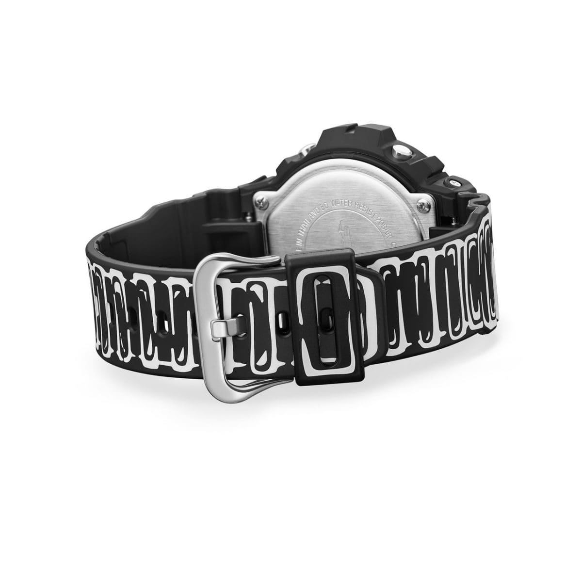 Achterkant van het G-SHOCK DW-6900JV-1ER polshorloge met gesloten band.