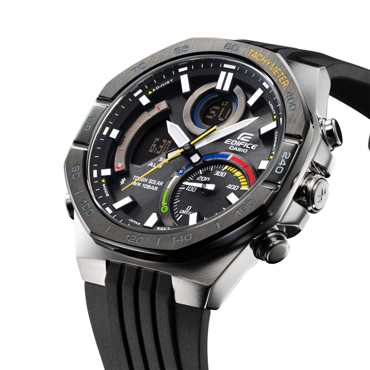 Zijaanzicht van de CASIO ECB-950MP-1A chronograaf met zicht op het motorsport geïnspireerde display en de displayknoppen aan de zijkant