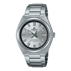 Vooraanzicht van de EFB-109D-7AVEF met zilveren wijzerplaat en zilveren kast en armband.
