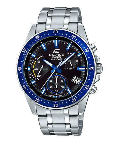 De EDIFICE EFV-540D-1A2V chronograaf met zilveren armband, blauwe kast, zwarte wijzerplaat en blauwe en witte indexen.