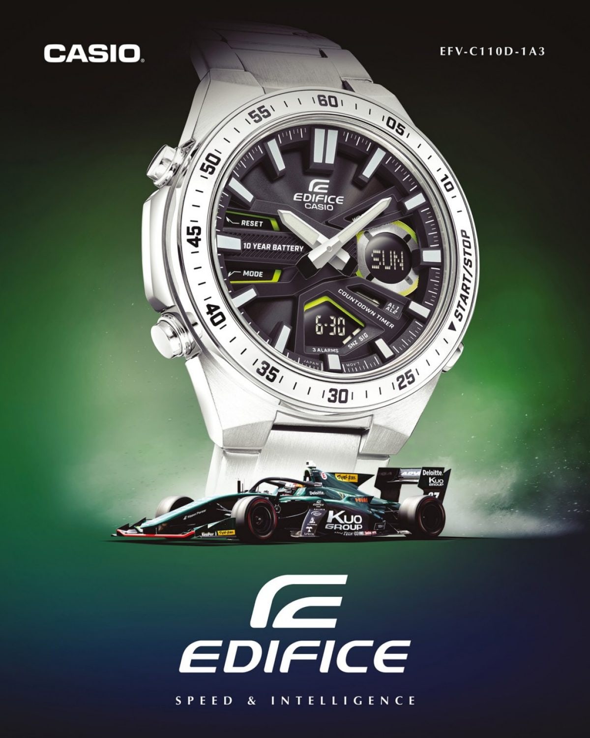 Het EFV-C110D-1A3V polshorloge is groot afgebeeld boven een raceauto en de tekst: “EDIFICE - Speed & Intelligence”.