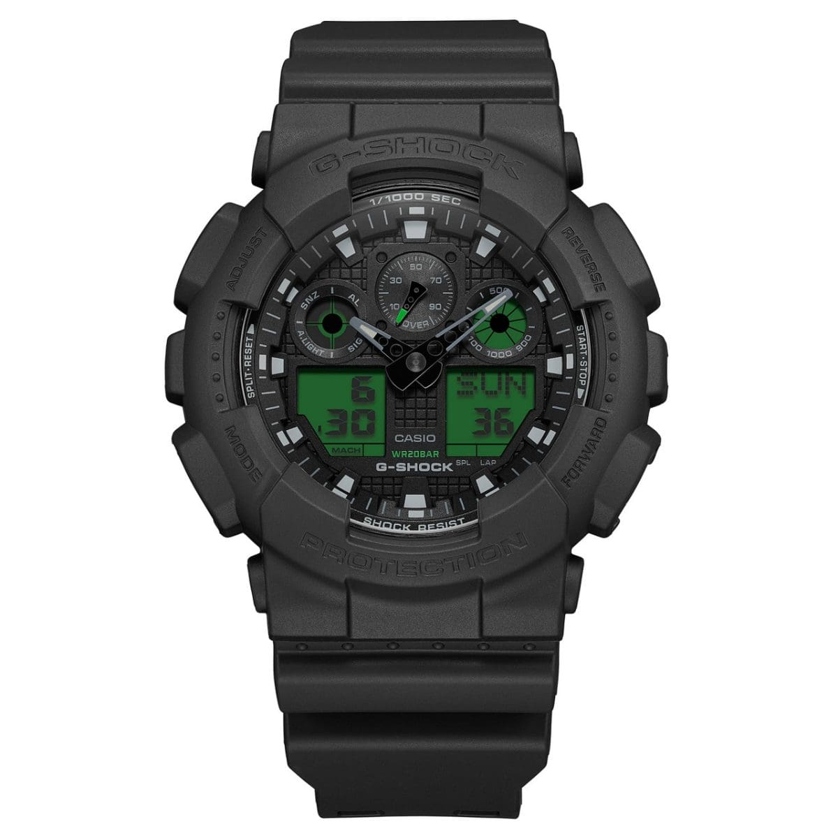 De kast van de G-SHOCK GA-100BEG-1AER heeft de kenmerkende uitstraling van de GA-100-serie.