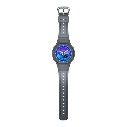 Complete foto van het GA-2100FLS-8A2 polshorloge van G-SHOCK met grijs doorschijnend bandje