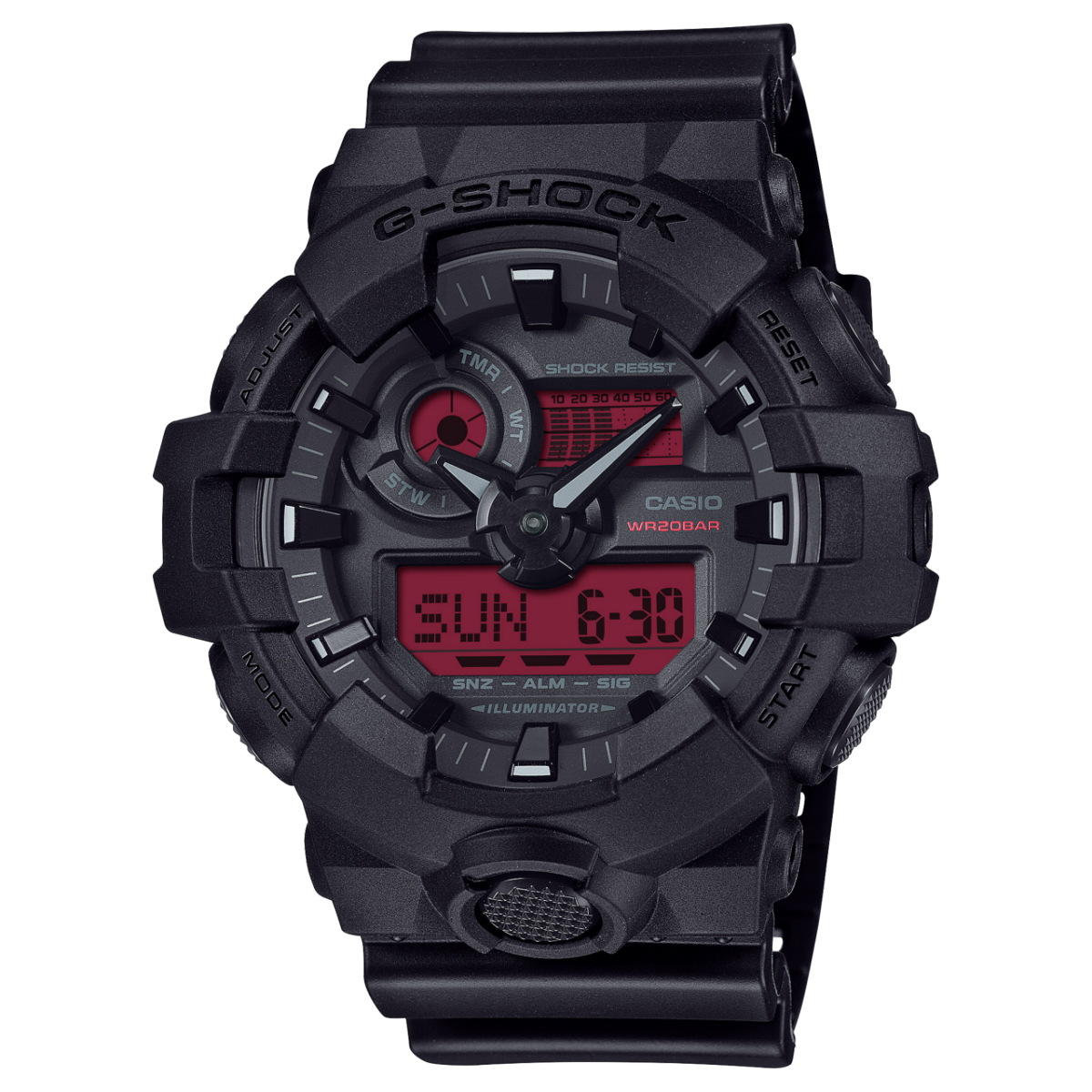 Vooraanzicht van de zwarte GA-700BBR-1AER met rood digitaal display