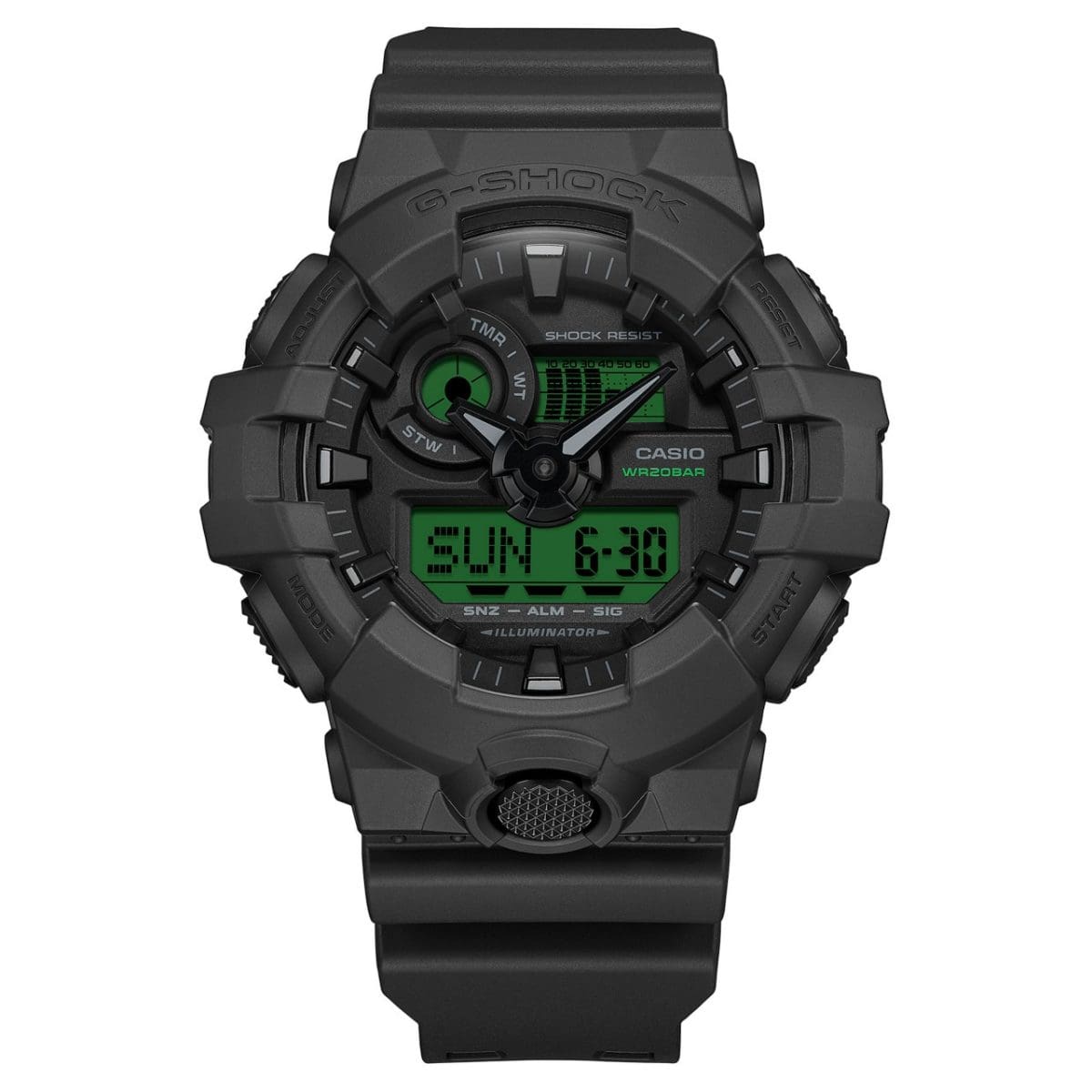 Het G-SHOCK polshorloge GA-700BEG-1AER heeft de kenmerkende kast die typisch is voor de GA-700-serie.