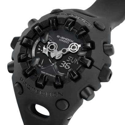 Zijaanzicht van de GA-V01-1A. De woorden G-SHOCK en PROTECTION zijn zwart gemarkeerd op de behuizing.