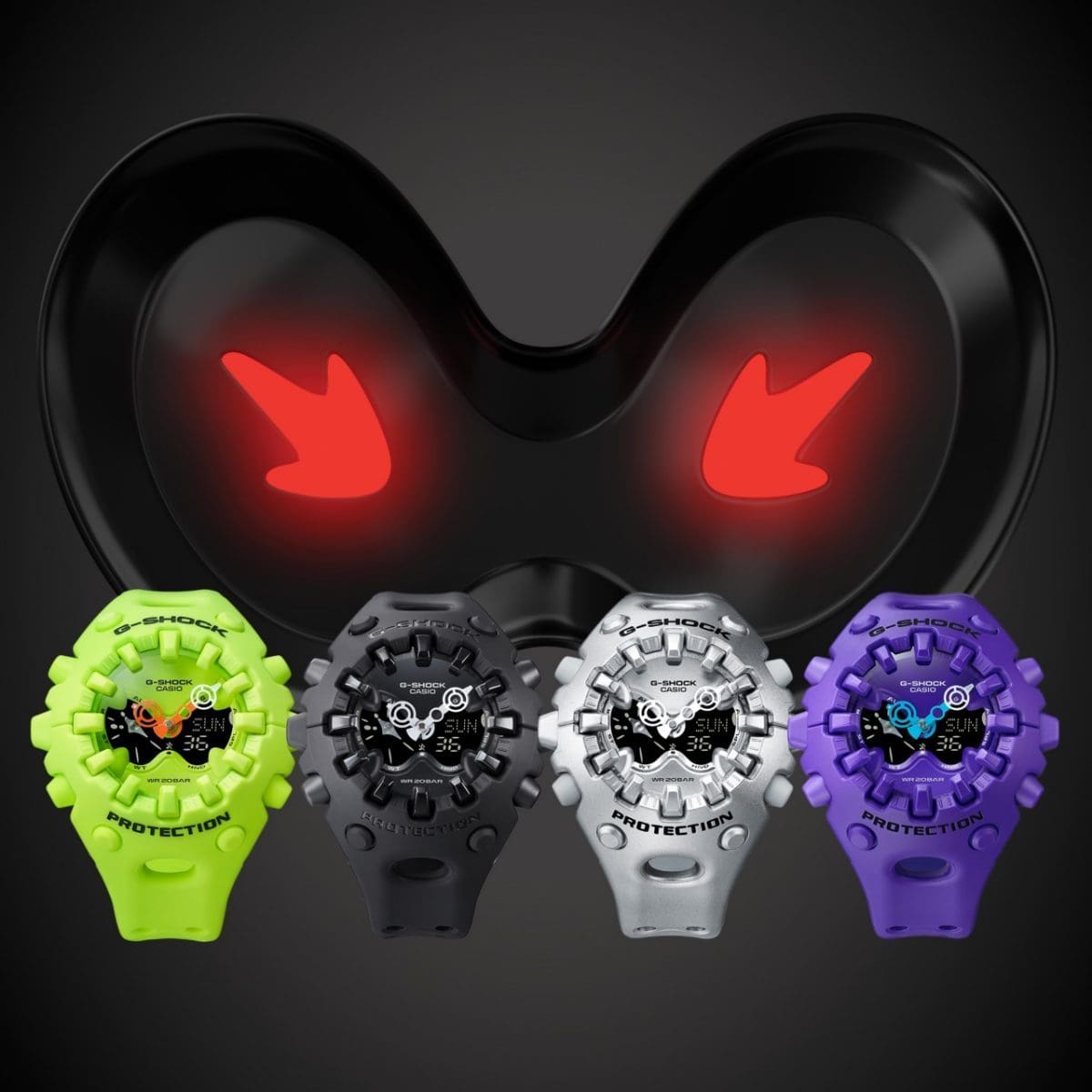 De vier kleurvarianten neon geel, zwart, zilver en violet van de GA-V01 naast elkaar