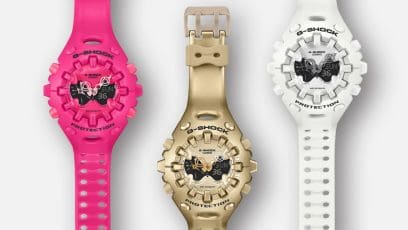 Drie kleurvarianten van de GA-V01 naast elkaar: roze, goud en wit.