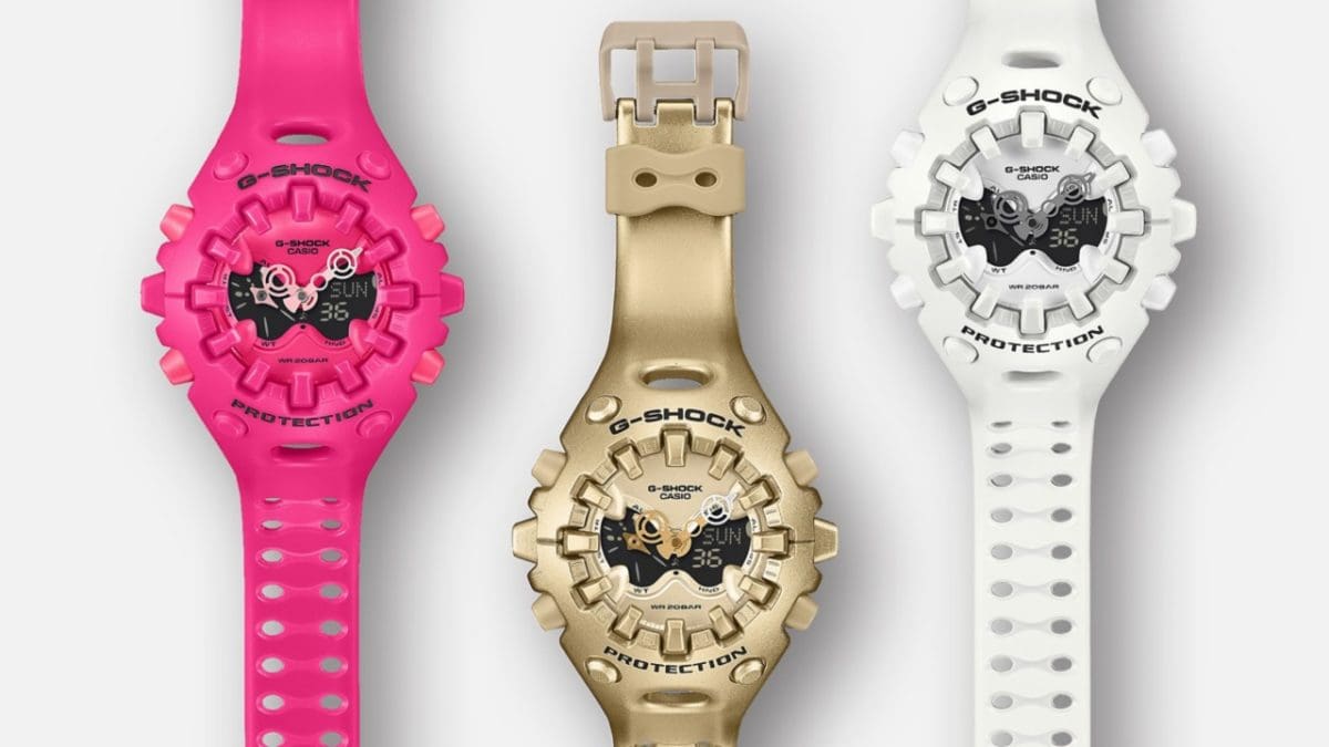 Drie kleurvarianten van de GA-V01 naast elkaar: roze, goud en wit.