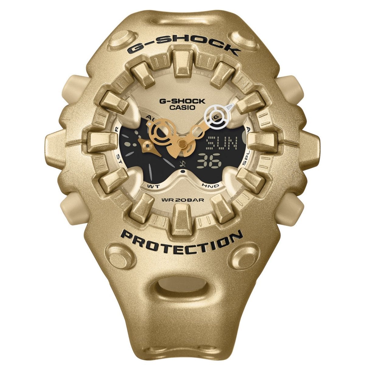 Vooraanzicht van de GA-V01A-9AER. G-SHOCK en PROTECTION staan boven en onder de wijzerplaat in zwart op de gouden behuizing.
