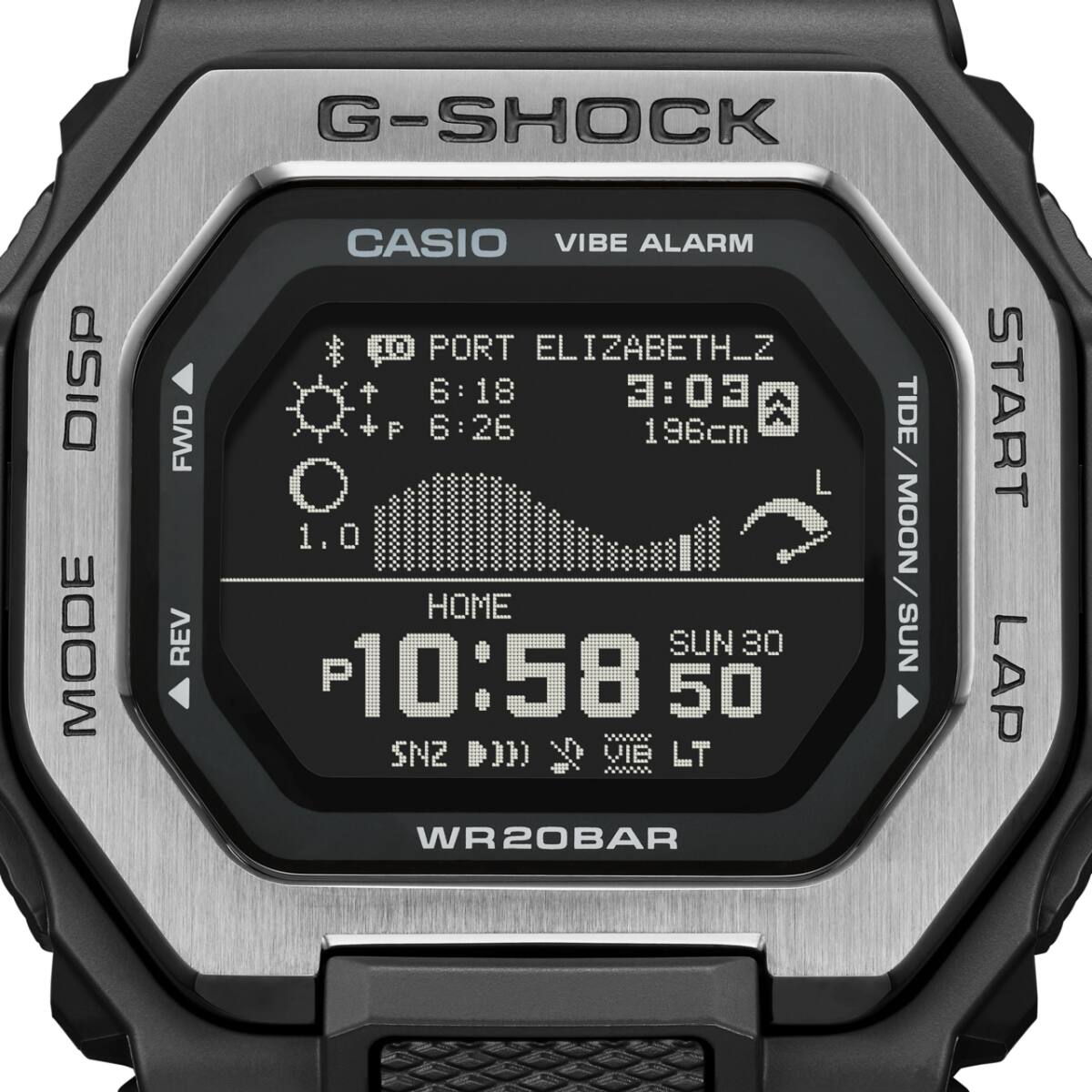 Close-up van de digitale display met getijdenafbeelding van de G-SHOCK GBX-100TT-8
