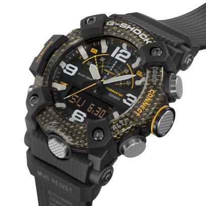 Zijaanzicht van het G-SHOCK polshorloge GG-B100Y-1A met zicht op de opvallende displayknoppen aan de zijkant