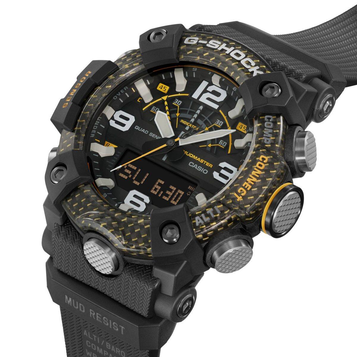 Zijaanzicht van het G-SHOCK polshorloge GG-B100Y-1A met zicht op de opvallende displayknoppen aan de zijkant