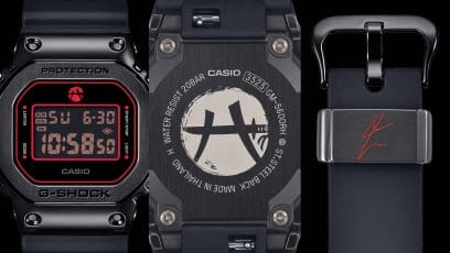 Close-up van het display van de GM-5600RH-1ER, de achterkant met het "Black Samurai"-logo en een blik op de sluiting met zijn handtekening in het rood