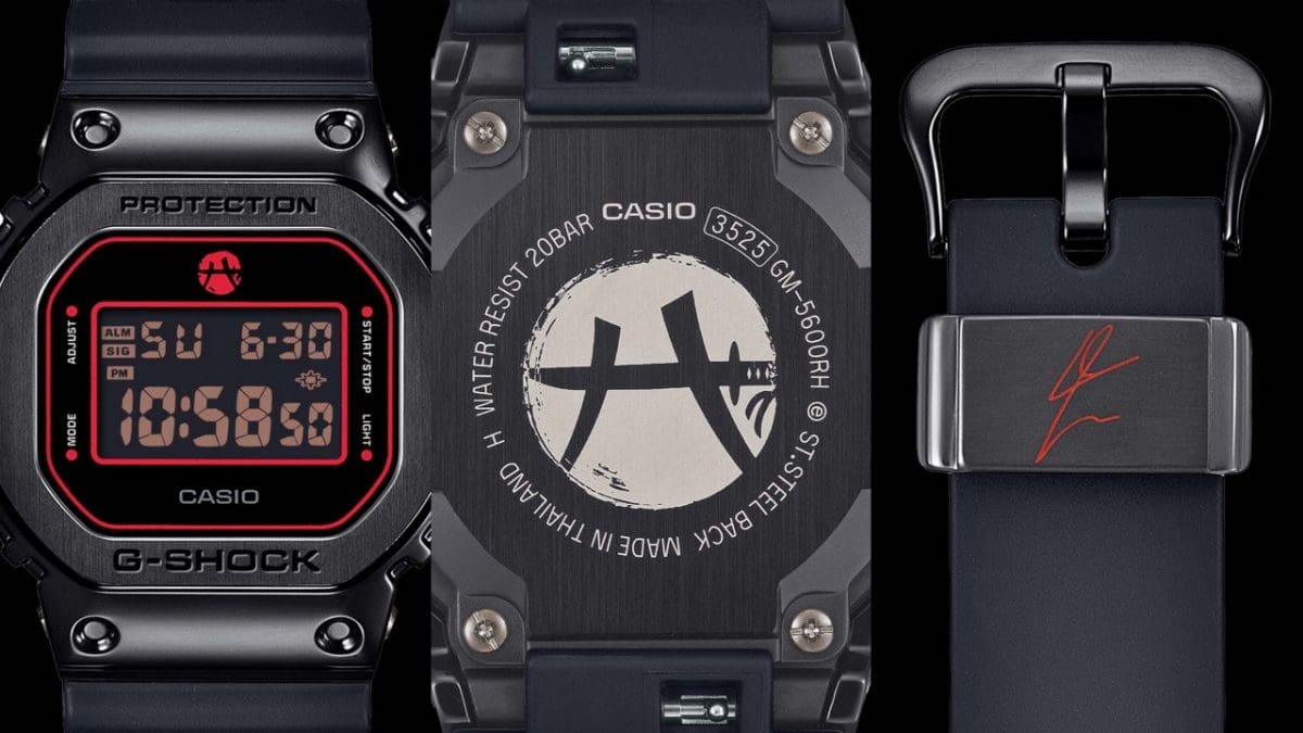 Close-up van het display van de GM-5600RH-1ER, de achterkant met het "Black Samurai"-logo en een blik op de sluiting met zijn handtekening in het rood