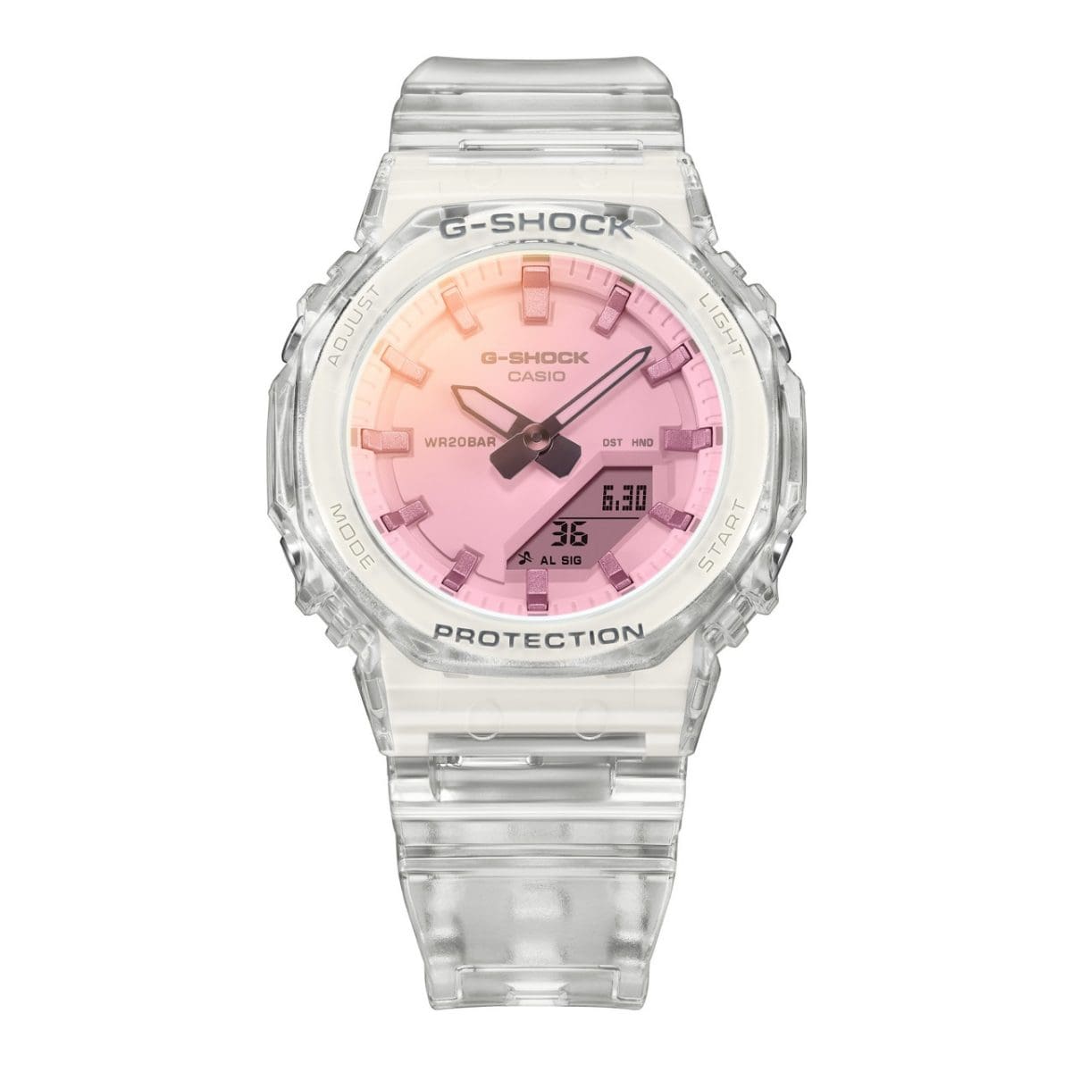 Vooraanzicht van het G-SHOCK polshorloge GMA-P2100SR-7AER met een horlogeglas dat van kleur verandert afhankelijk van de lichtinvalshoek.