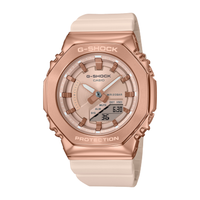 Het compacte hybride horloge GM-S2100PG-4A van G-SHOCK met roségoudkleurige roestvrijstalen lunette en roségoudkleurige harsband