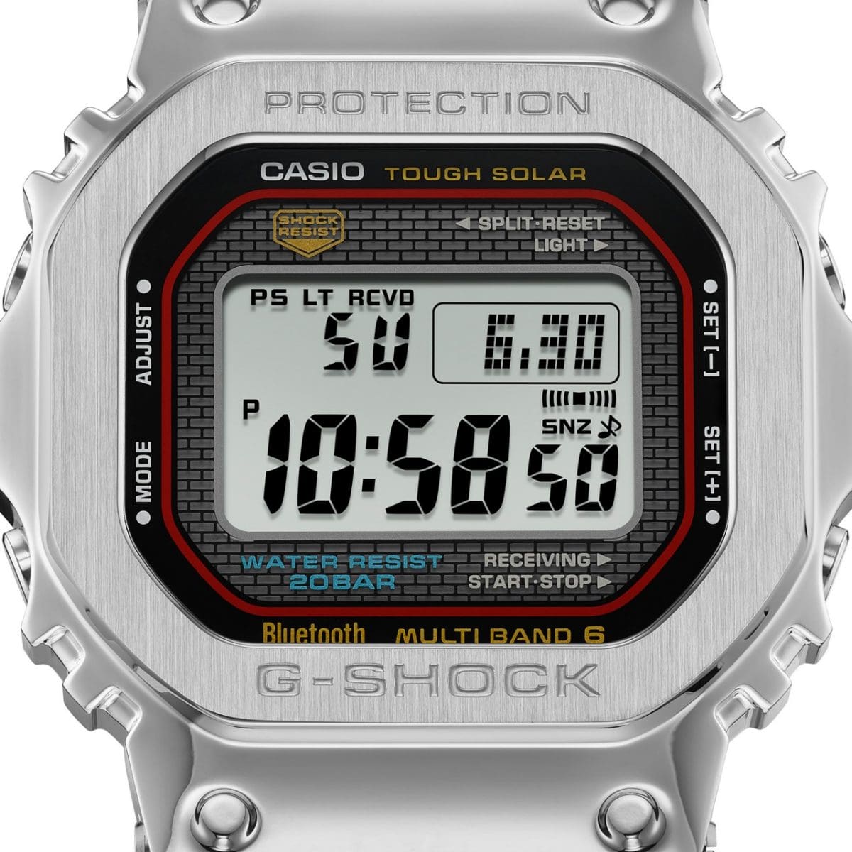 Close-up van het display van de GMW-B5000D-1C met accenten in de klassieke G-SHOCK-kleuren rood, blauw en geel