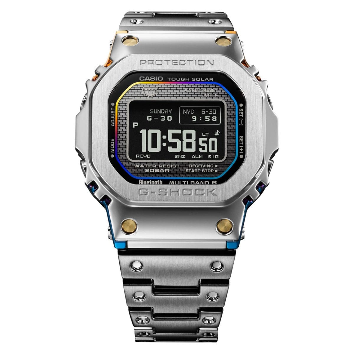 Vooraanzicht van het volledig metalen G-SHOCK GMW-BZ5000RC-1ER horloge met zwart digitaal display.