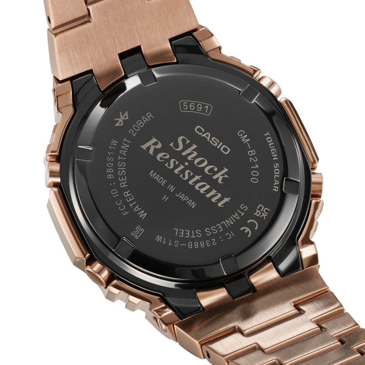 De achterkant van de kast van het G-Shock model GM-B2100GD-5A