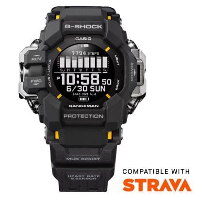Het G-SHOCK polshorloge GPR-H1000-1 naast het opschrift compatibel met STRAVA