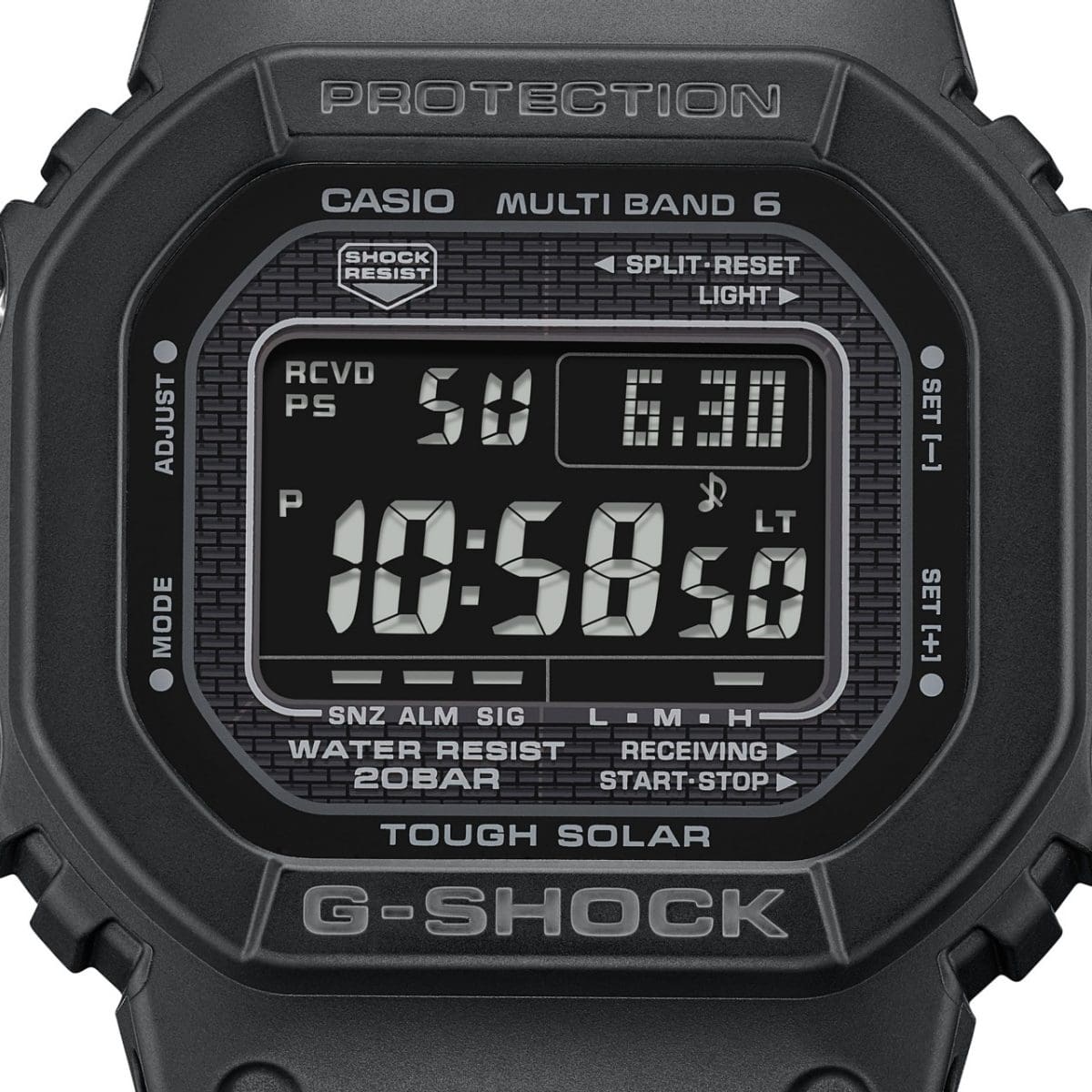 Close-up van het rechthoekige digitale display van het G-SHOCK horloge GW-5000HS-1