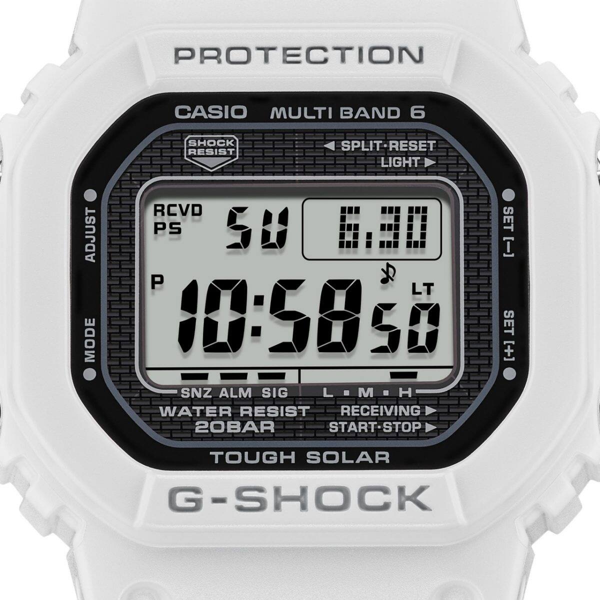 Close-up van het rechthoekige digitale display van het G-SHOCK horloge GW-5000HS-7