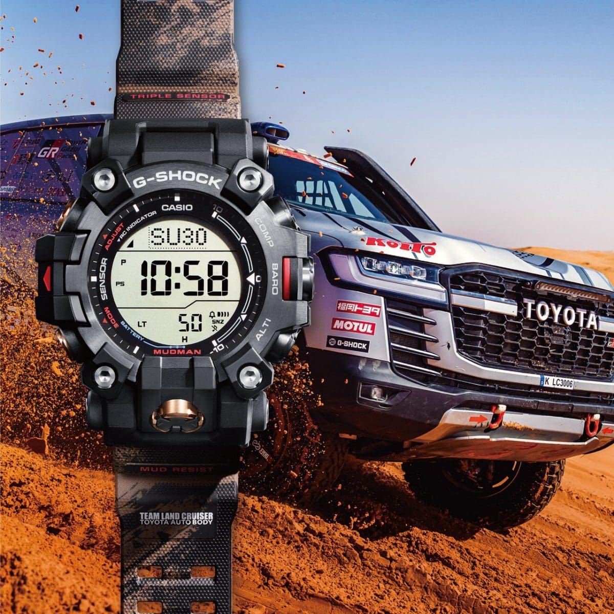 De G-SHOCK GW-9500 voor een Toyota terreinwagen in de woestijn