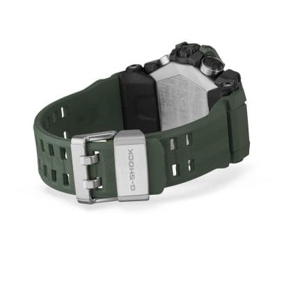 Het GWG-B1000-3A zonnehorloge met gesloten armband met zicht op de achterkant van het horloge en de armbandsluiting met G-SHOCK gravure
