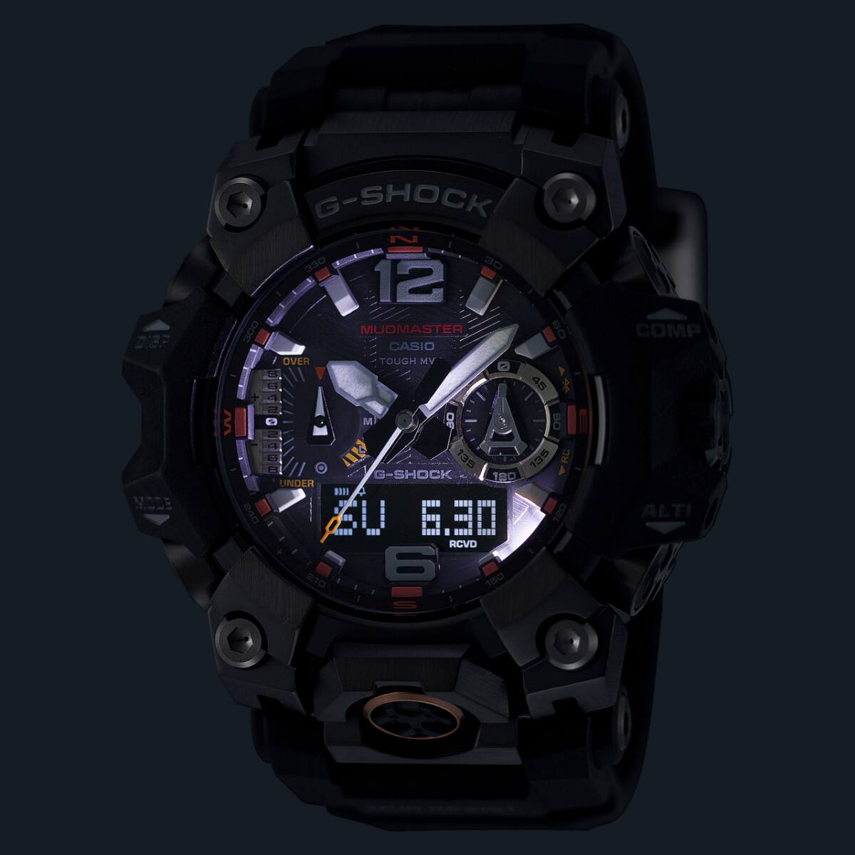 De MASTER OF G MUDMASTER GWG-B1000EC-1A in het donker met verlicht display
