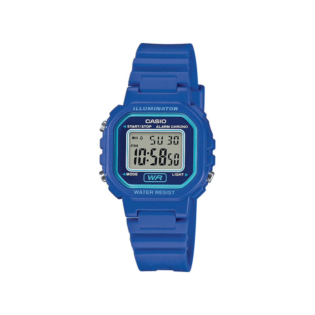 Het CASIO TIMELESS COLLECTION LA-20WH-2A polshorloge heeft een vierkante digitale wijzerplaat met witte, donkerblauwe en turquoise omlijning, en een kunststof kast en band in blauw.