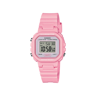 Roze gekleurd digitaal polshorloge uit de CASIO Timeless Collection met vierkante kast en paarse wijzerplaat