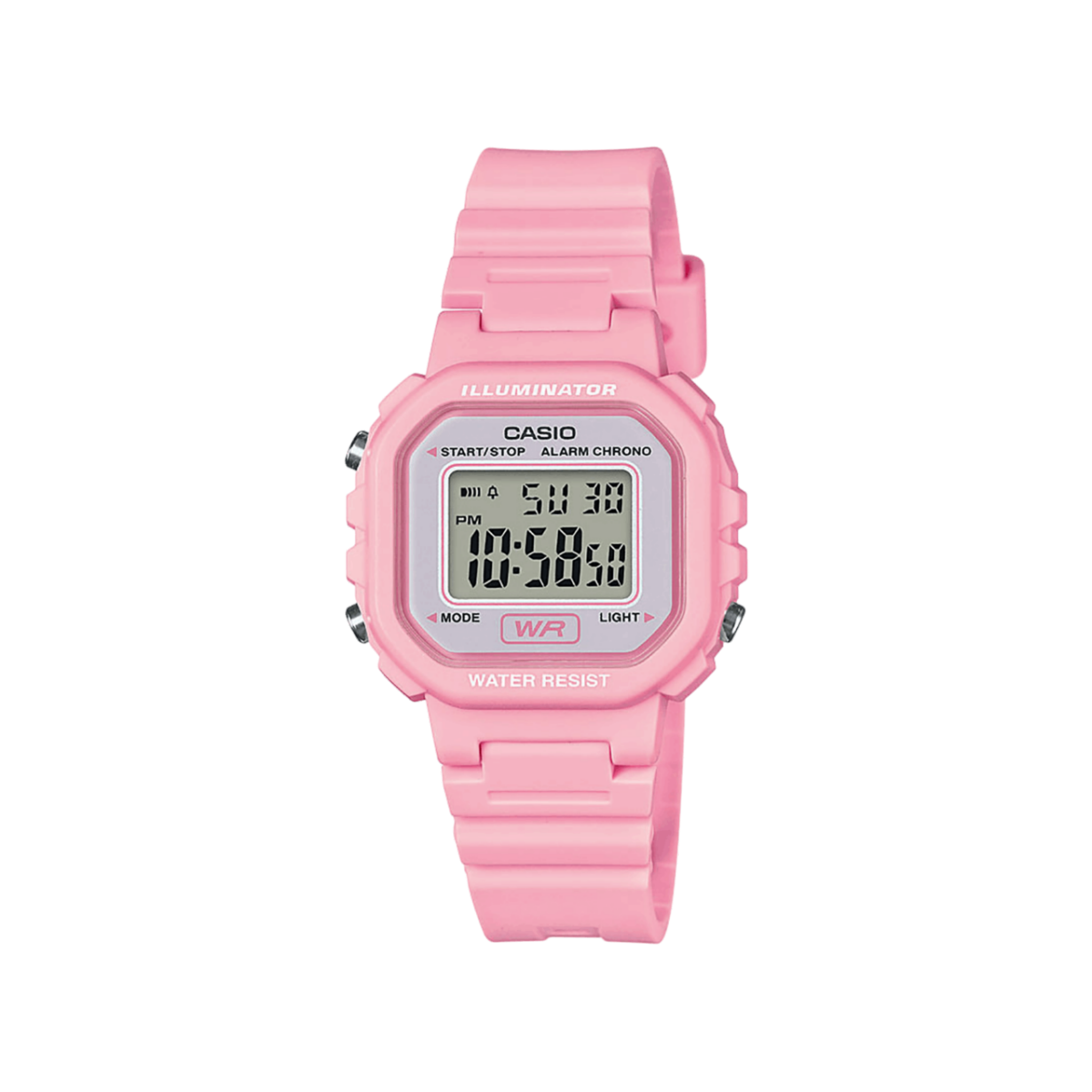 Roze gekleurd digitaal polshorloge uit de CASIO Timeless Collection met vierkante kast en paarse wijzerplaat