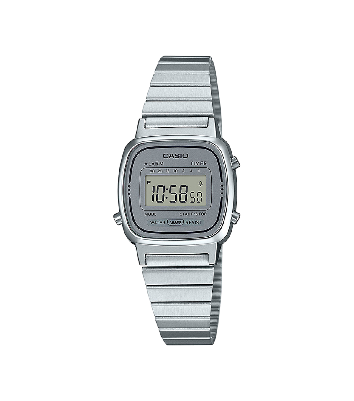 Het CASIO VINTAGE COLLECTION LA670WEA-7 polshorloge heeft een vierkante digitale wijzerplaat met een grijze rand en zwarte accenten, een vierkante zilverkleurige kast en een roestvrijstalen schakelarmband in zilver.