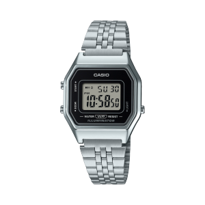 LA680WEA-1: Digitaal horloge van CASIO VINTAGE met zilverkleurige band en donkere lunette.