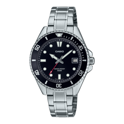 MDV-10D-1A1V polshorloge van CASIO met zwart analoog display en zilverkleurige band. De secondewijzer heeft een opvallende rode kleur.