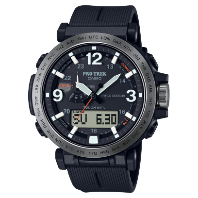 Het PRW-6611Y-1 polshorloge van Pro Trek met zwart hars bandje en analoog digitaal display in zwart