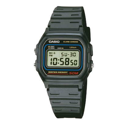 Productafbeeldingen van het CASIO "W-59-1VQ" digitale horloge met zwarte band en zwarte kast