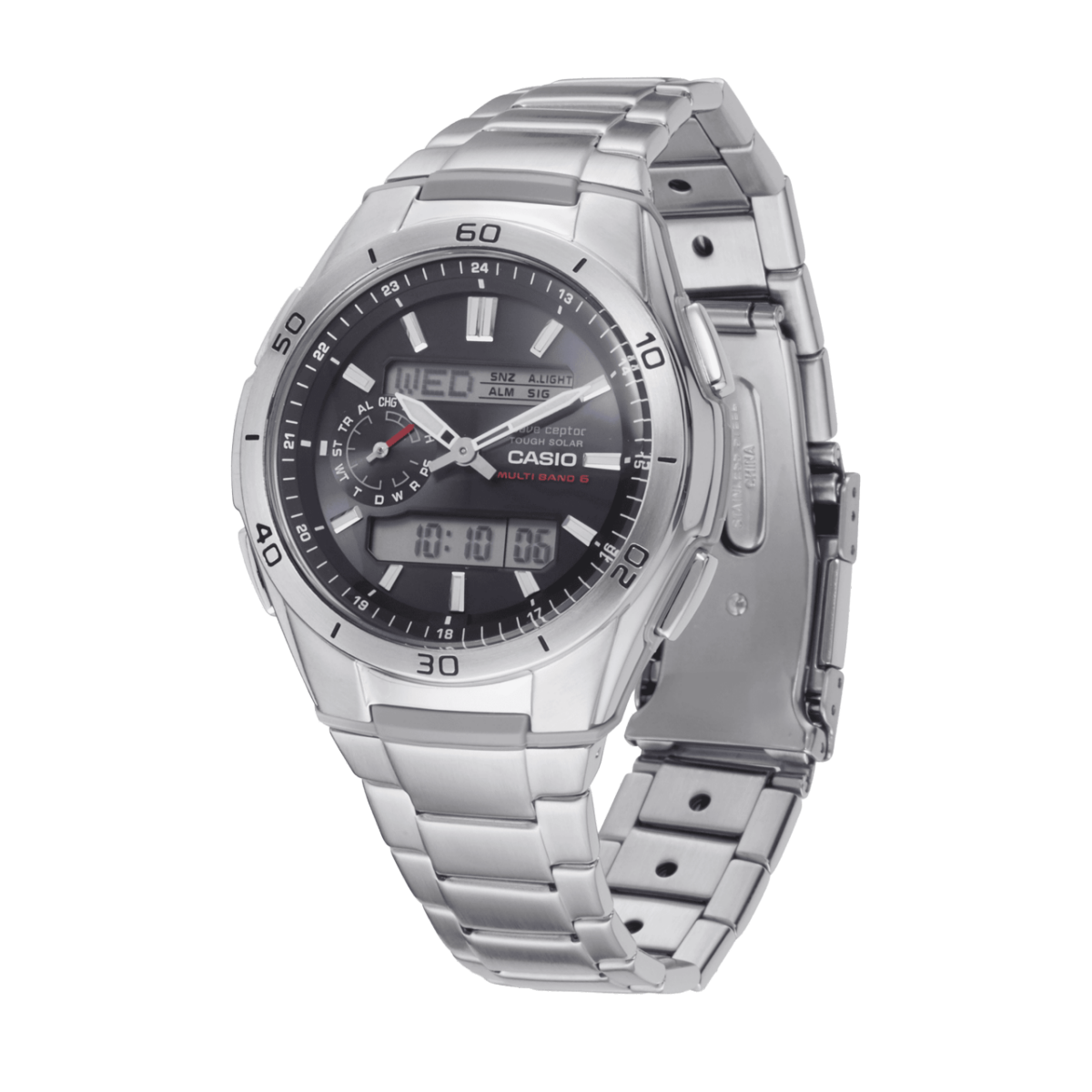 Licht schuine weergave van de WVA-M650D-1A met gesloten band. Wijzers en indexen zijn wit gemarkeerd op de zwarte wijzerplaat.