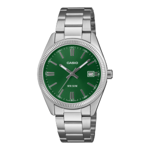 Vooraanzicht van het zilverkleurige CASIO TIMELESS COLLECTION polshorloge UTP-1302PD-3A1VEF met een donkergroene wijzerplaat.