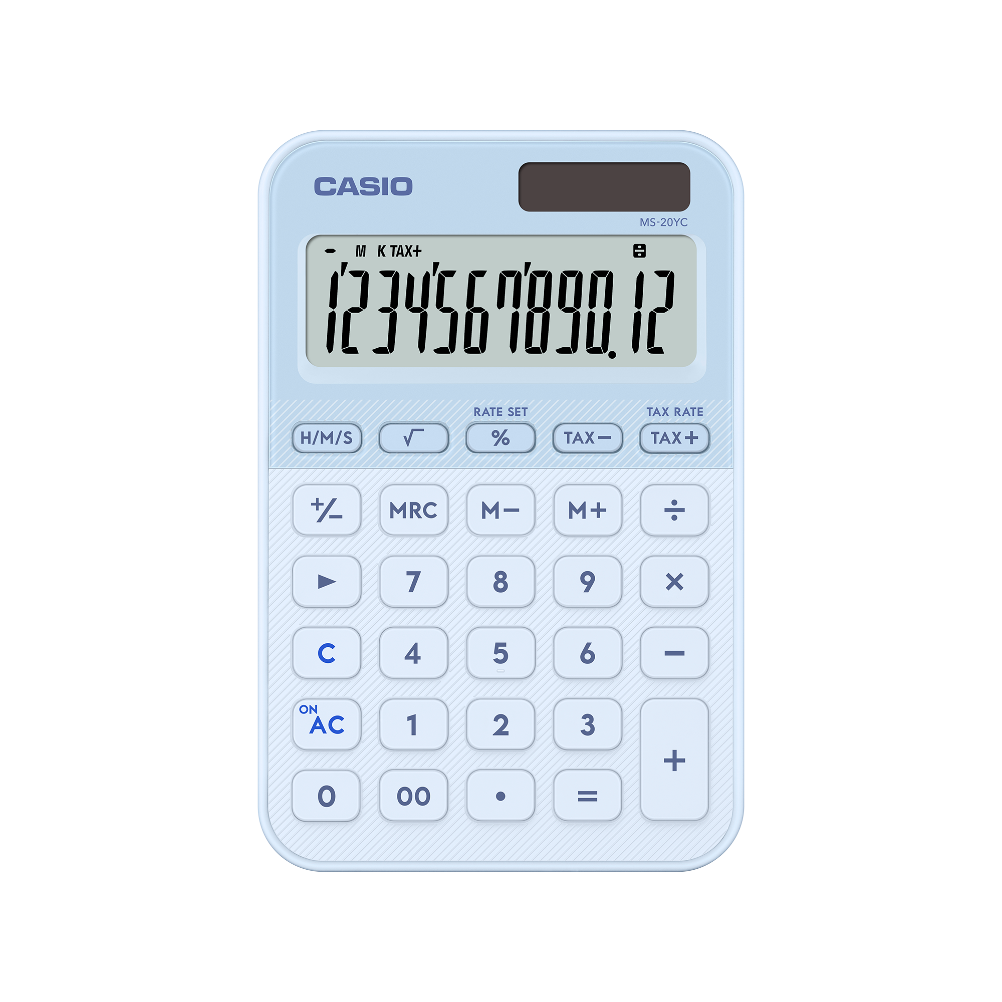 Casio MS-20YC-LB 12-Digit Desk Calculator Light Blue Front View