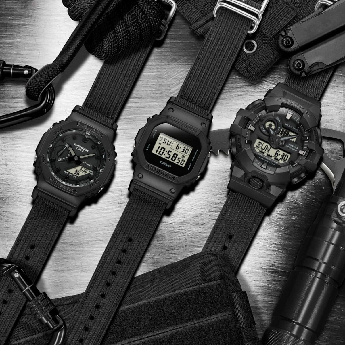 From left: GA-2100BCE-1A, DW-5600BCE-1, GA-700BCE-1A
