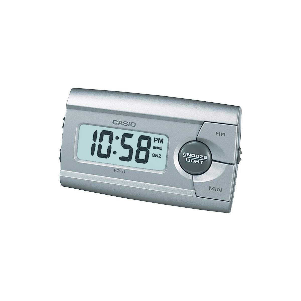 O despertador retangular PQ-31-8 da CASIO em prateado com visor digital e três botões no lado direito