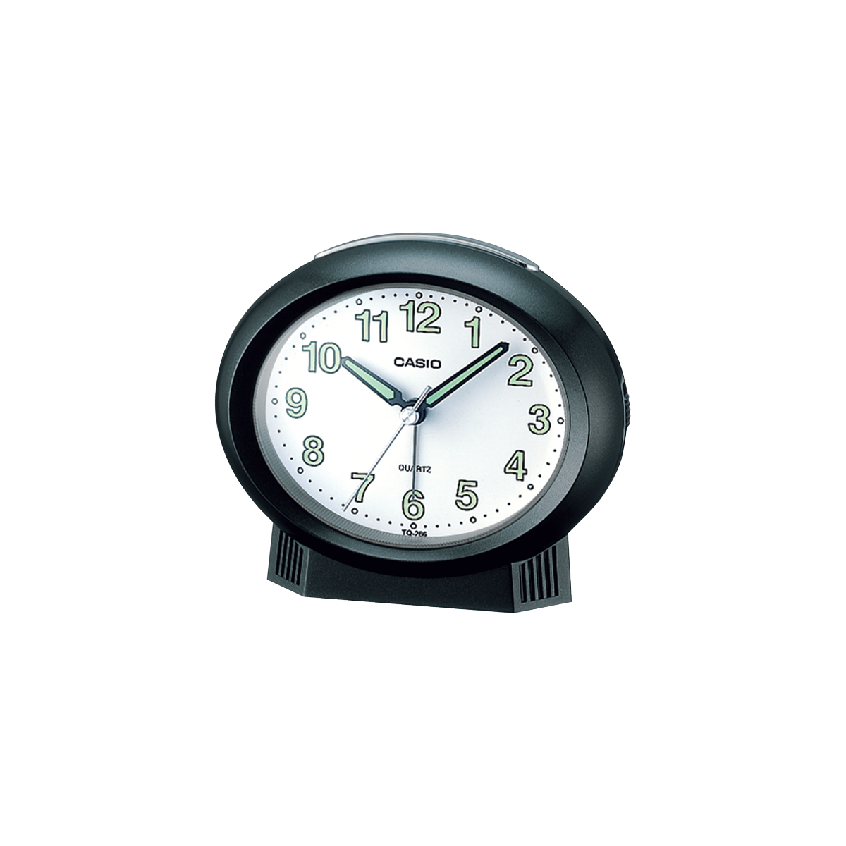 O despertador analógico TQ-266-1 com caixa oval preta e mostrador branco de fácil leitura com dígitos fluorescentes grandes