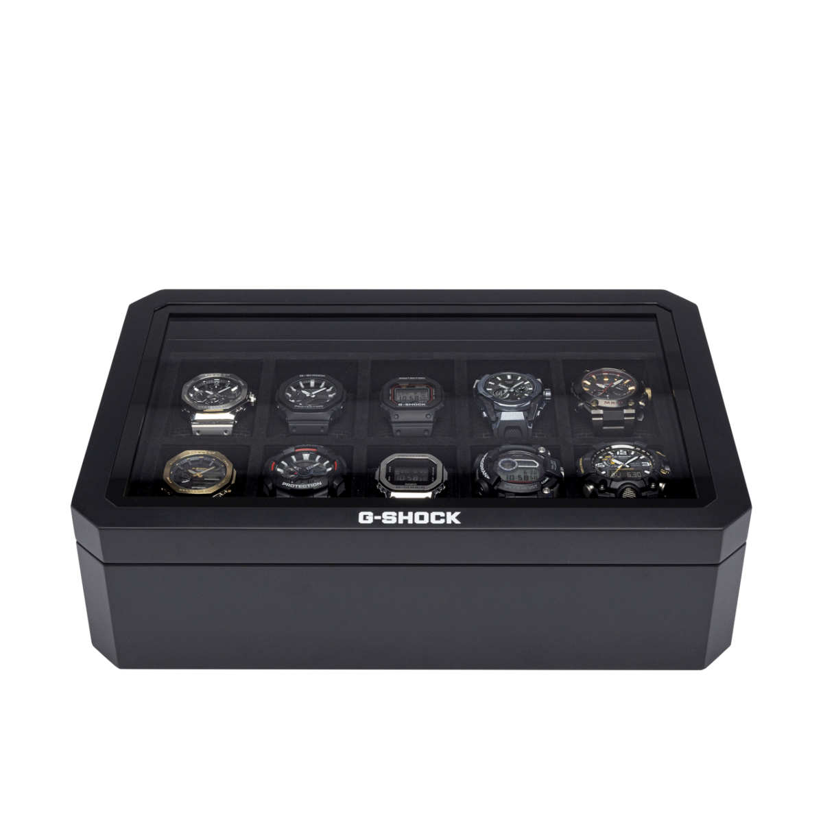 Vista frontal da caixa de relógios fechada, na qual 10 relógios diferentes podem ser vistos através da tampa transparente