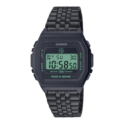 Relógio digital CASIO Vintage Collection com bracelete em metal escuro e mostrador da hora com fundo verde