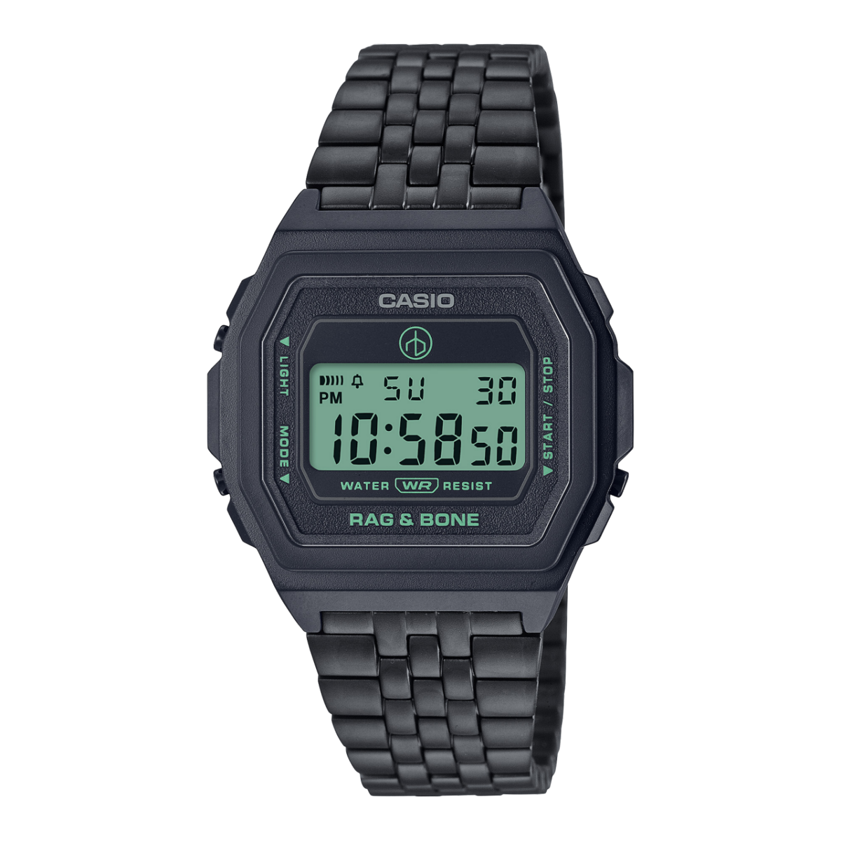 Relógio digital CASIO Vintage Collection com bracelete em metal escuro e mostrador da hora com fundo verde