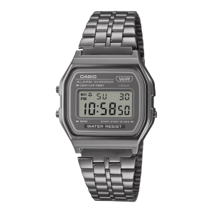 O relógio de pulso CASIO VINTAGE COLLECTION A158WETB-1A possui um mostrador digital e uma pulseira de aço inoxidável na cor preta