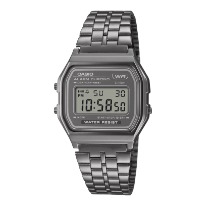 O relógio de pulso CASIO VINTAGE COLLECTION A158WETB-1A possui um mostrador digital e uma pulseira de aço inoxidável na cor preta