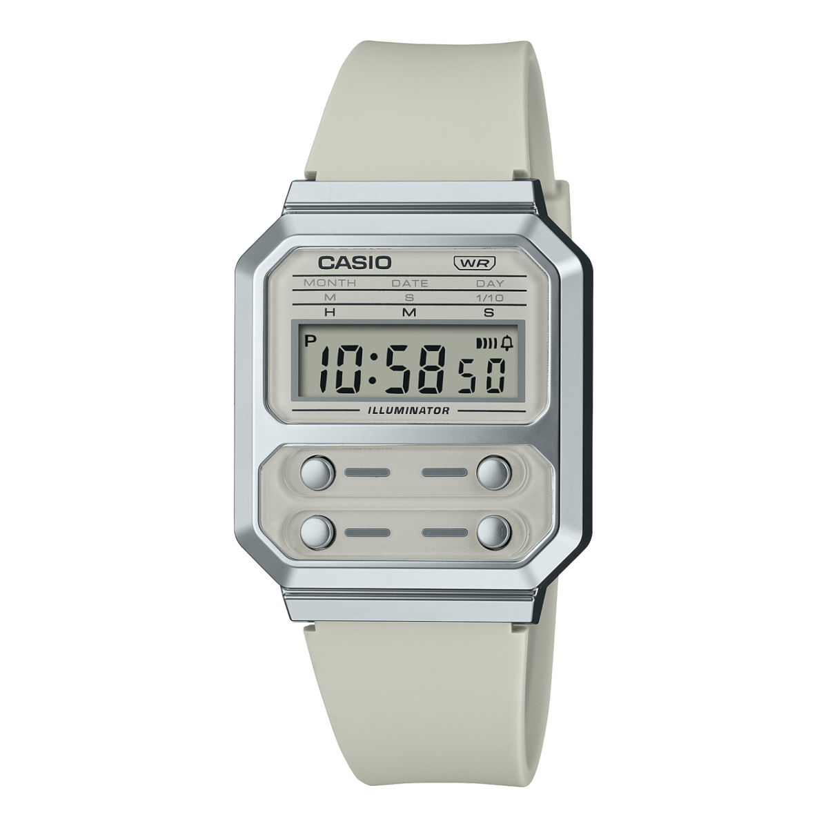 O relógio digital A100WEF-8A da coleção CASIO Edgy com quatro botões prateados na frente, o design octogonal e a bracelete de resina branca complementam o estilo vintage 